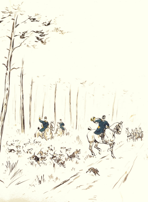 L'équipage du baron Gérard par Karl Reille - Illustration tirée de l'ouvrage La Vénerie française contemporaine (1914) - Le Goupy (Paris)